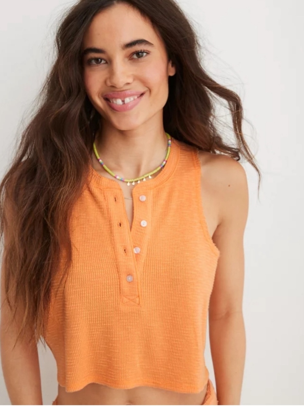 AERIE SUNSPUN-  Orange Waffle Knit Henley Crop Top- size Large